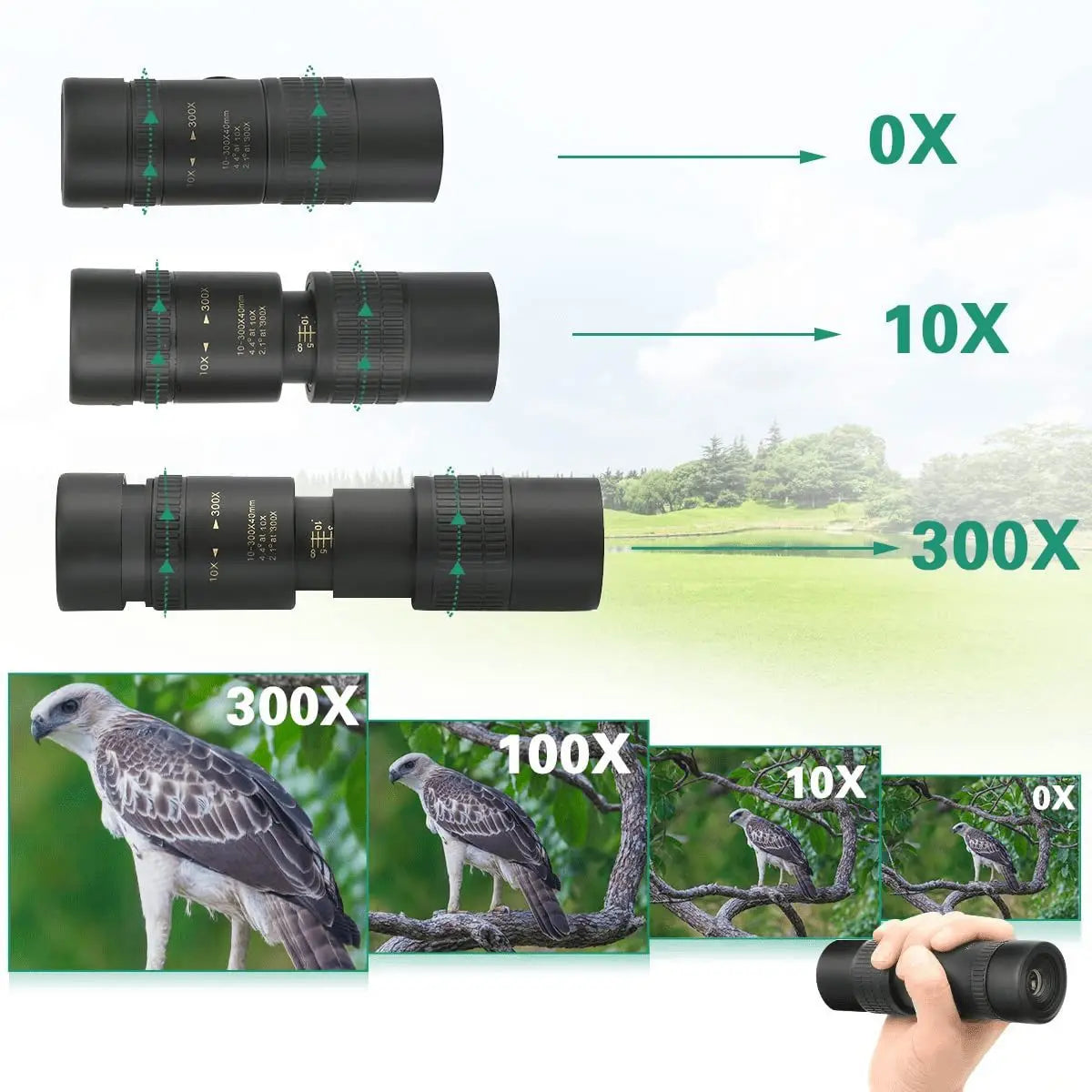 Zoom 10-300x30 Portable High Power Monocular Telescope with Tripod&Phone Holder for Bird Watching