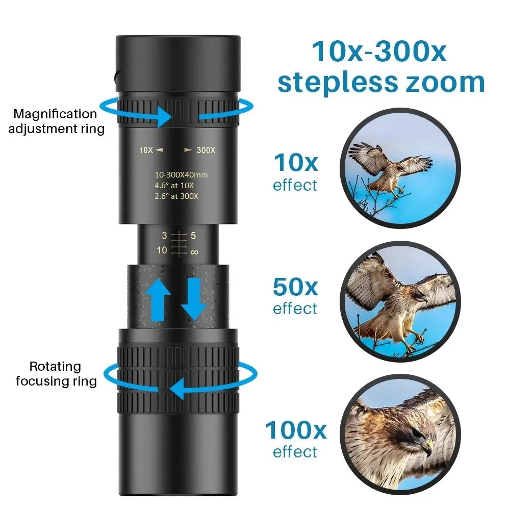 Zoom 10-300x30 Portable High Power Monocular Telescope with Tripod&Phone Holder for Bird Watching