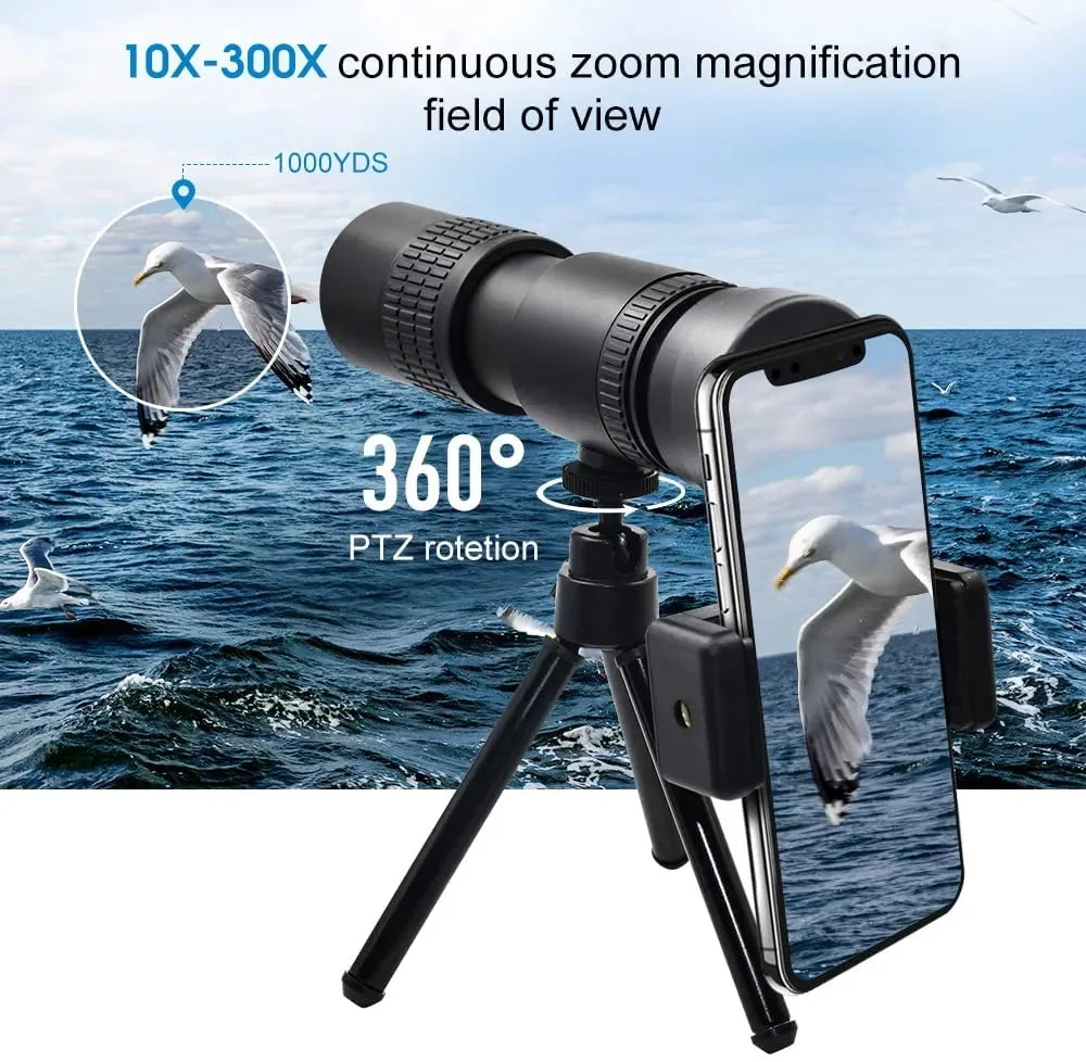 Zoom 10-300x30 Portable High Power Monocular Telescope with Tripod&Phone Holder for Bird Watching